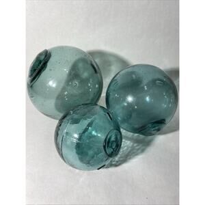 Vintage Japanese Teal Glass Fishing Floats Orbs Nautical Ocean Decor Set Of 3